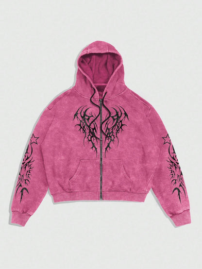 Gothic Acid Wash Pink Zip Hoodie Y2K Graphic