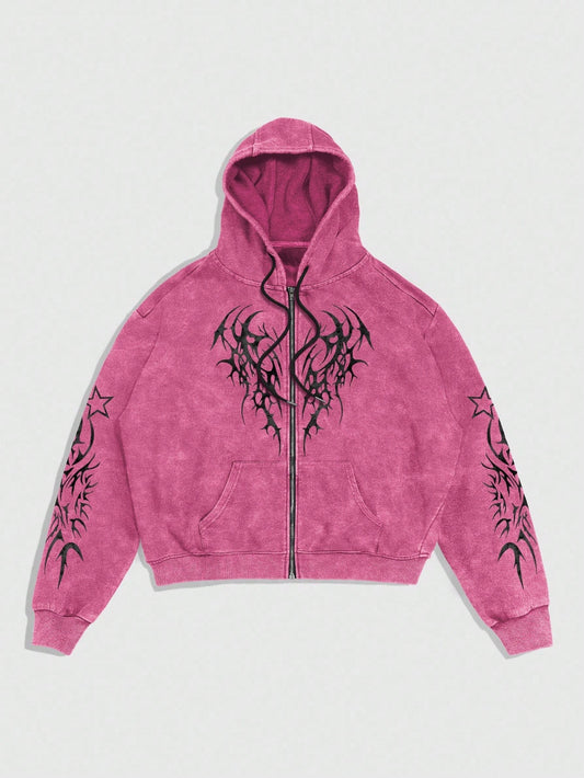 Gothic Acid Wash Pink Zip Hoodie Y2K Graphic