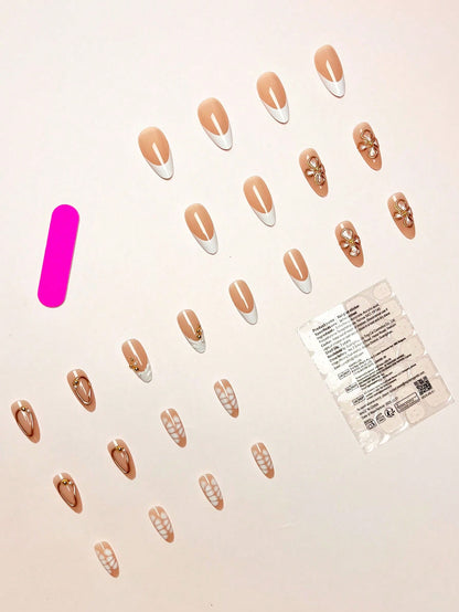 3D Gold Flower & Pearl White Tie-Dye Almond Nails 24pcs