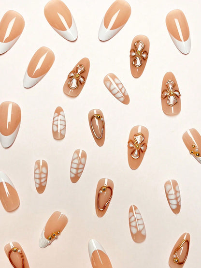 3D Gold Flower & Pearl White Tie-Dye Almond Nails 24pcs