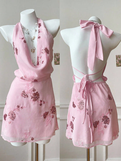 Pink Floral Sequin Halter Neck Mini Dress