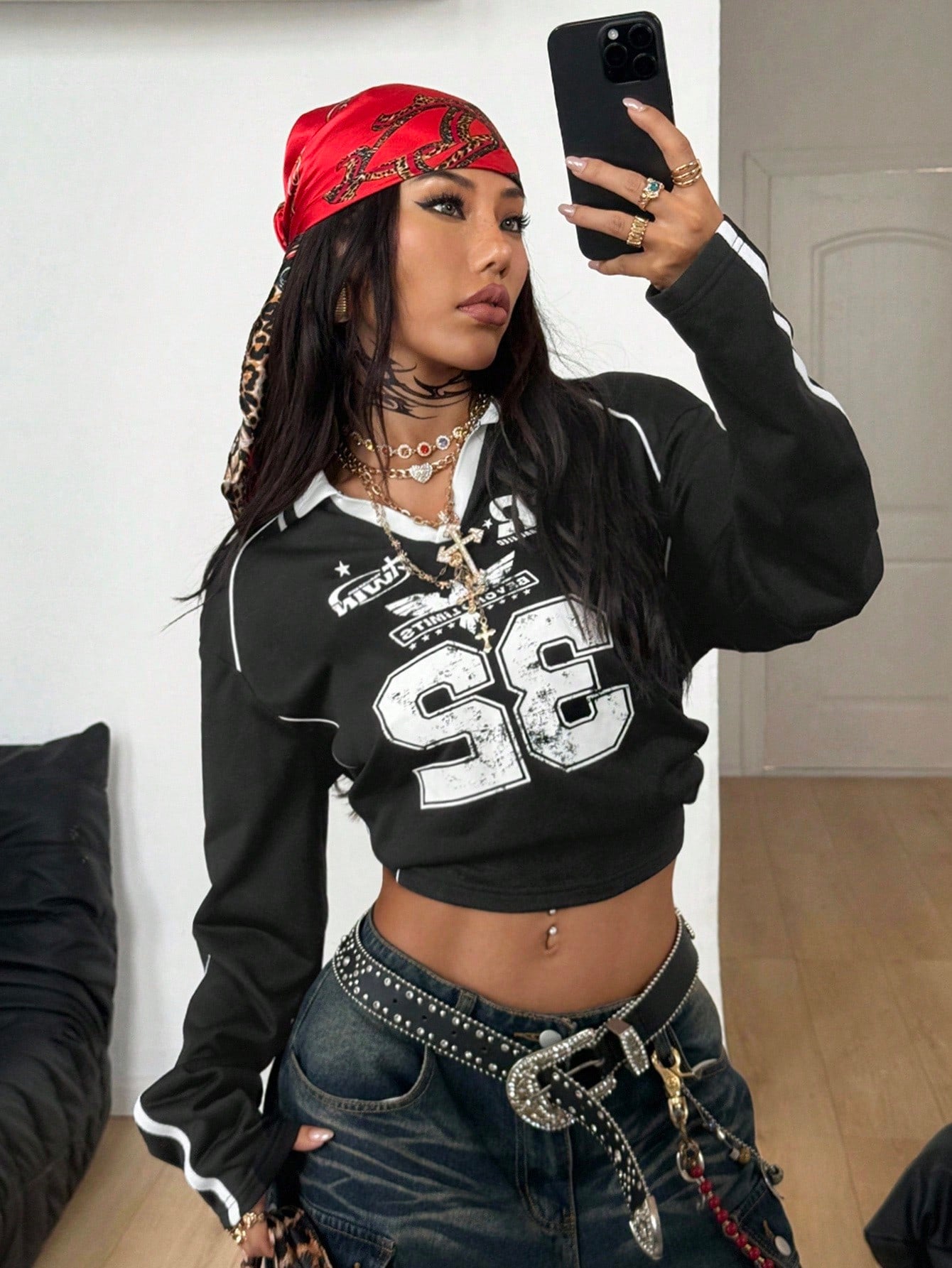 Women's Oversized Black Letter Striped Long Sleeve Jersey