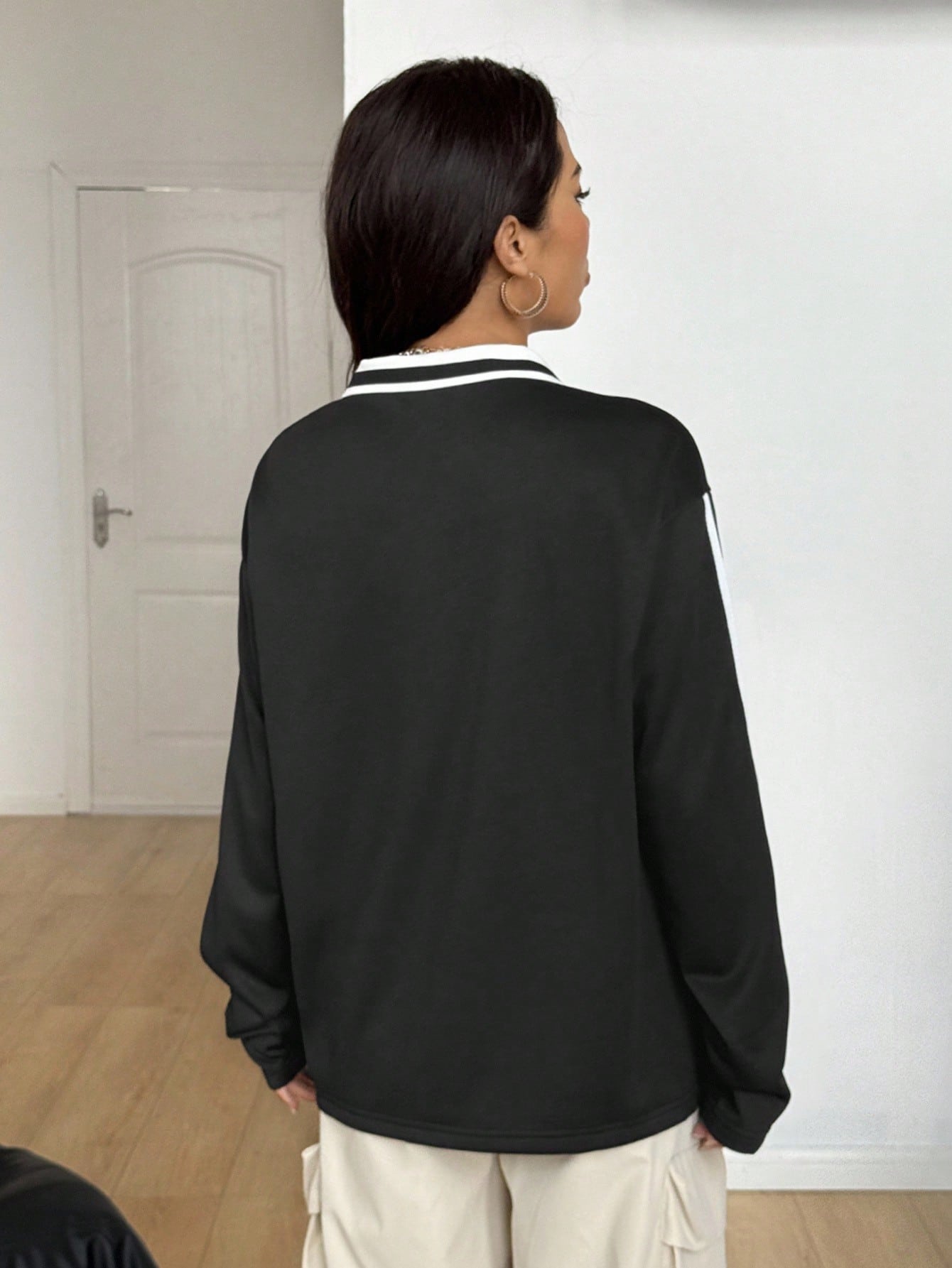 Women's Oversized Black Letter Striped Long Sleeve Jersey