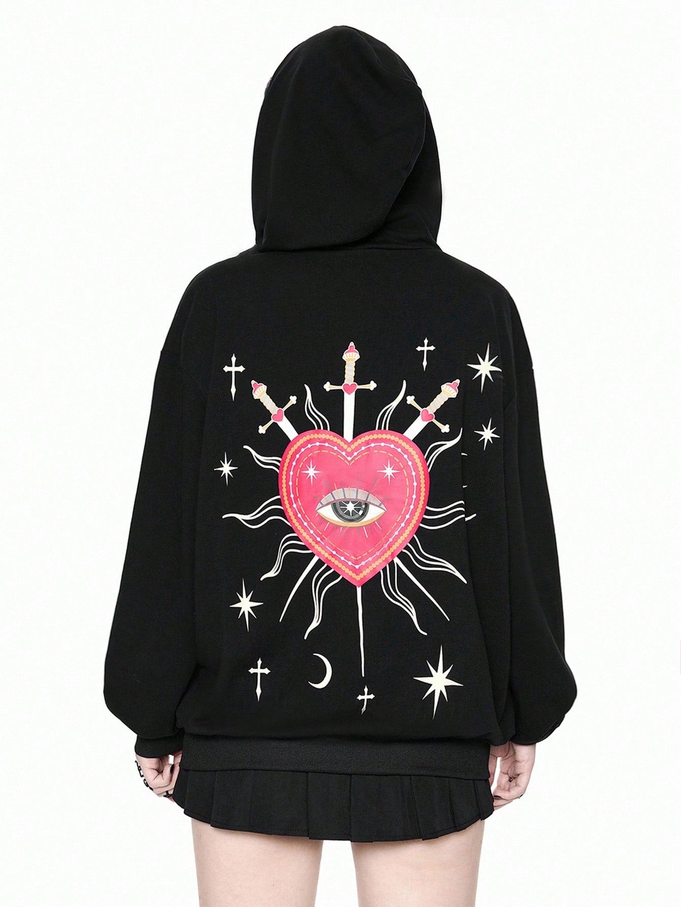 Goth Star Heart Pearl Decor Zip Hoodie
