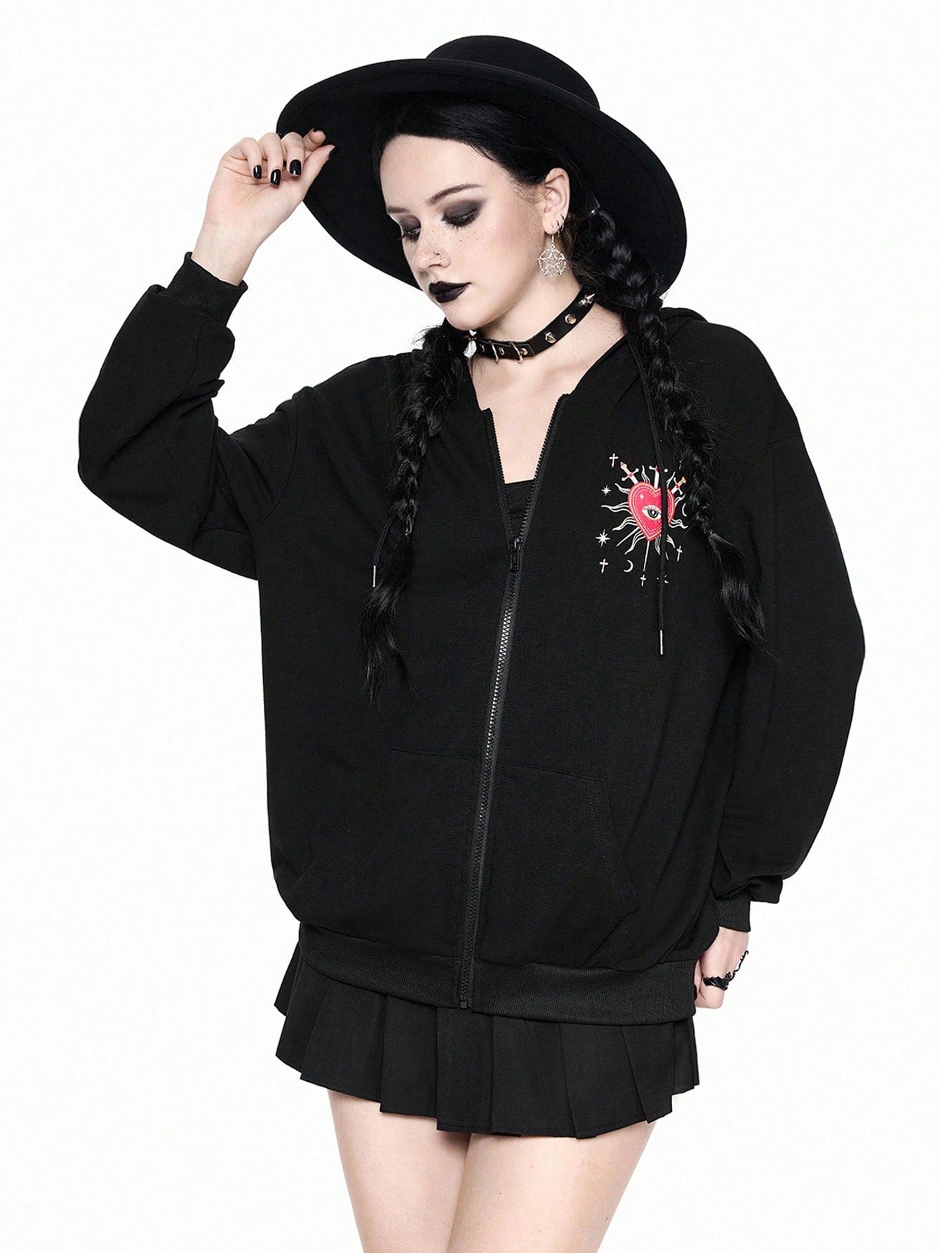 Goth Star Heart Pearl Decor Zip Hoodie