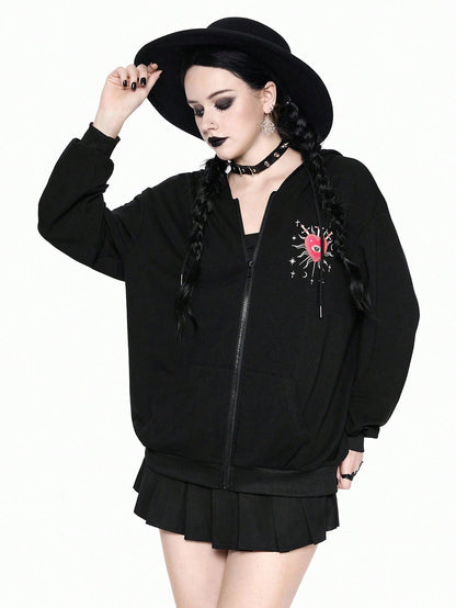 Goth Star Heart Pearl Decor Zip Hoodie