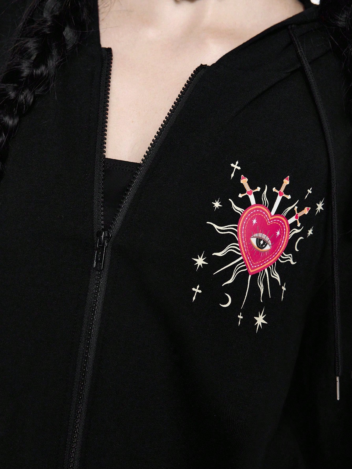 Goth Star Heart Pearl Decor Zip Hoodie - Pisif