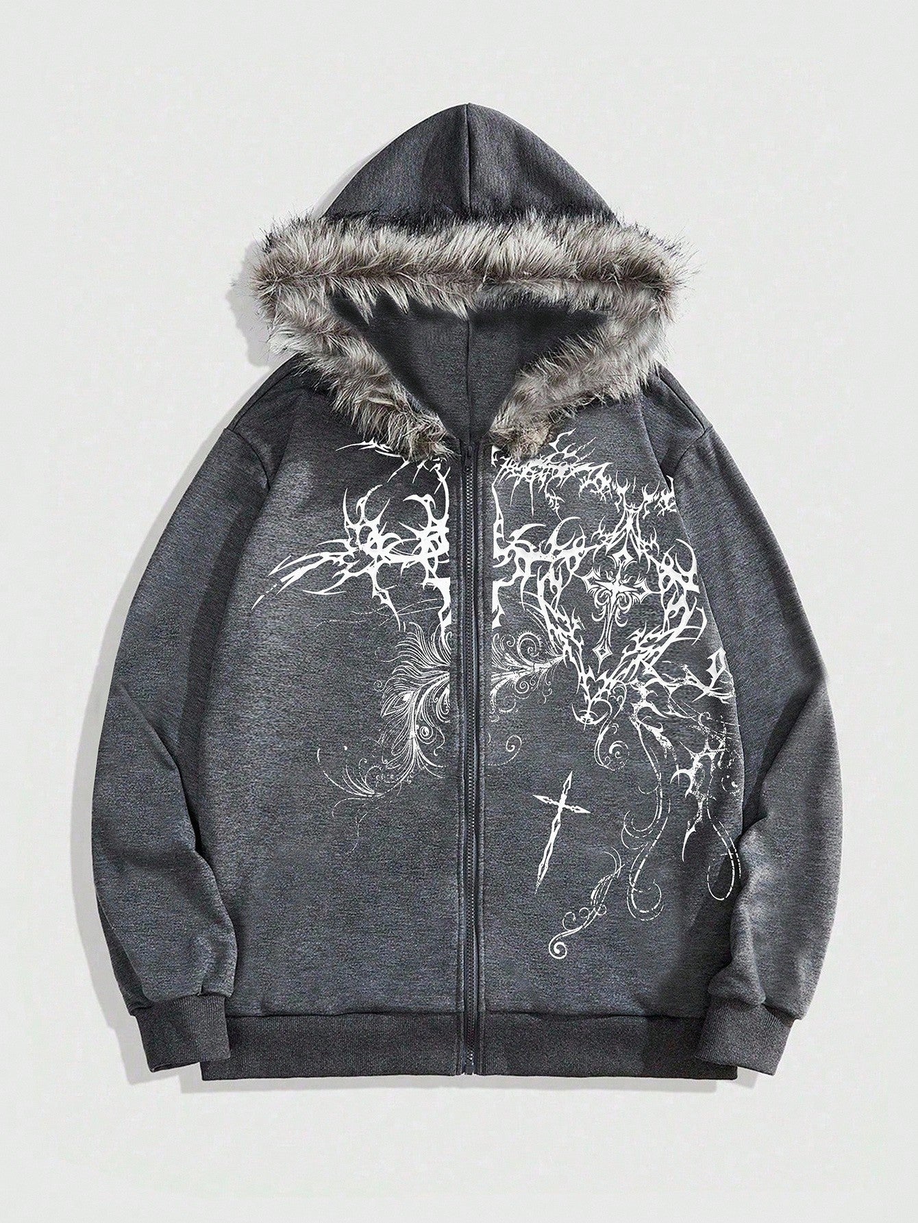 Men's Goth Cross Print Faux Fur Patchwork Zip Hoodie