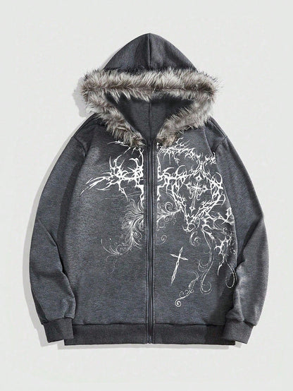 Men's Goth Cross Print Faux Fur Patchwork Zip Hoodie