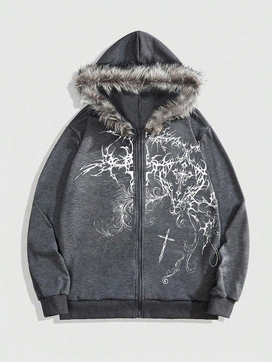 Men's Goth Cross Print Faux Fur Patchwork Zip Hoodie