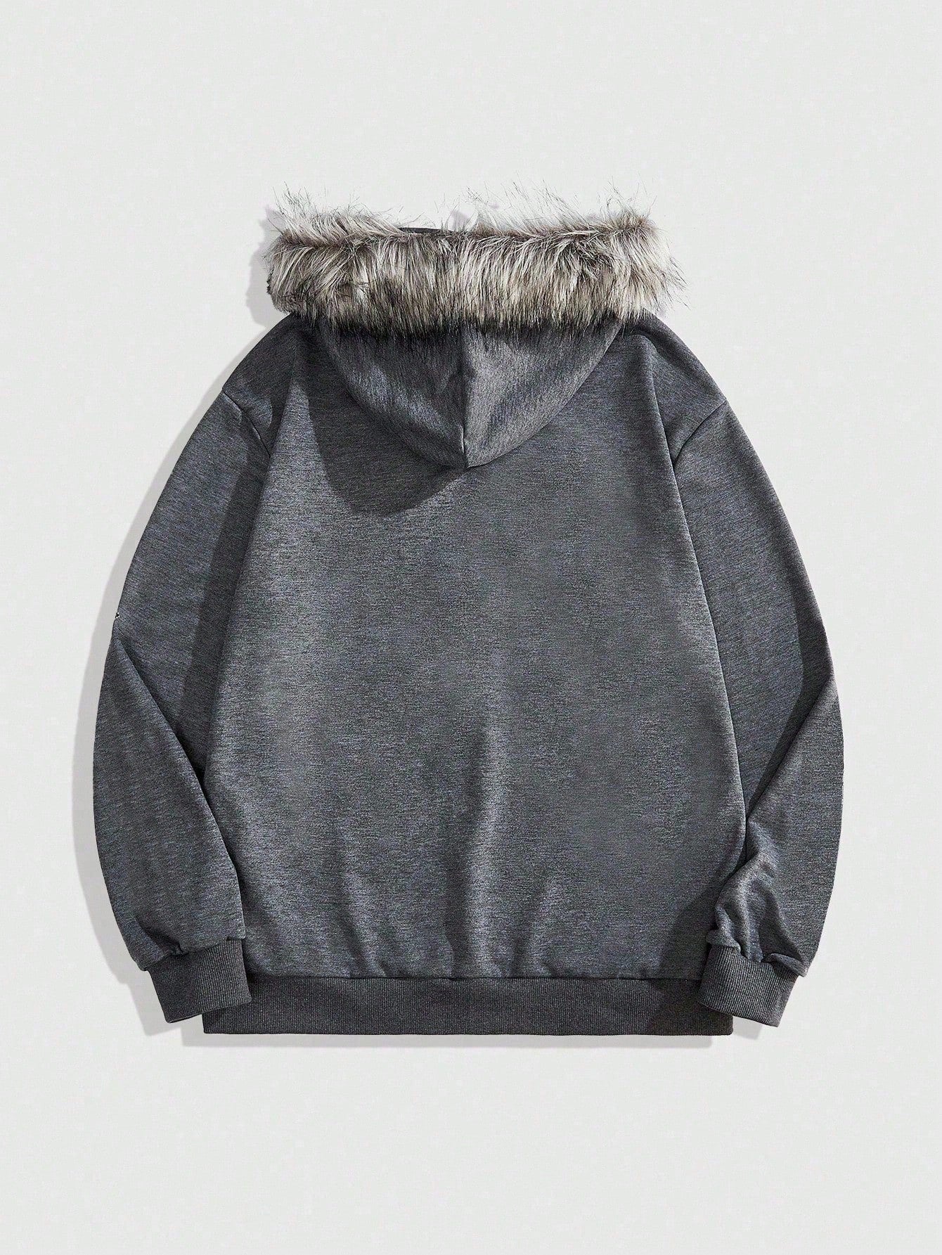 Men's Goth Cross Print Faux Fur Patchwork Zip Hoodie