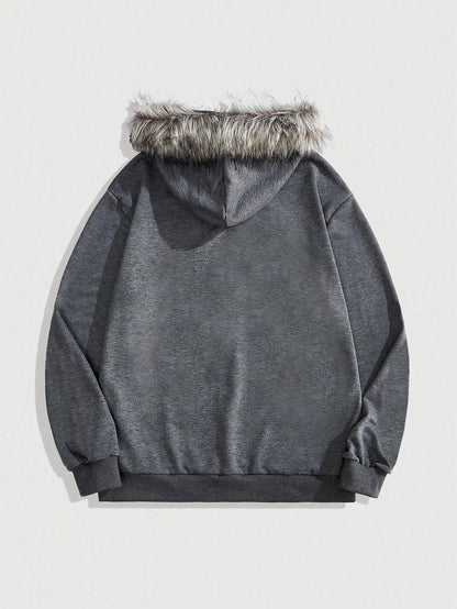 Men's Goth Cross Print Faux Fur Patchwork Zip Hoodie