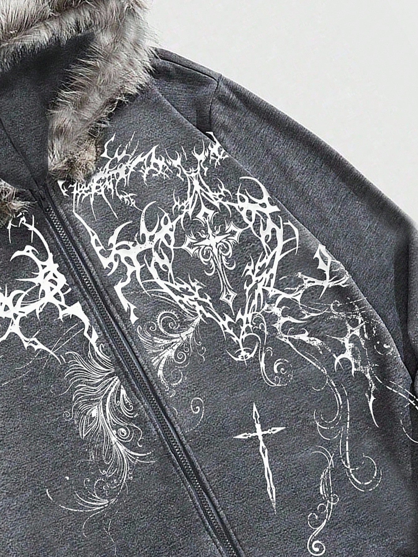 Men's Goth Cross Print Faux Fur Patchwork Zip Hoodie