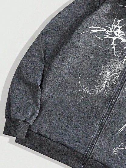 Men's Goth Cross Print Faux Fur Patchwork Zip Hoodie