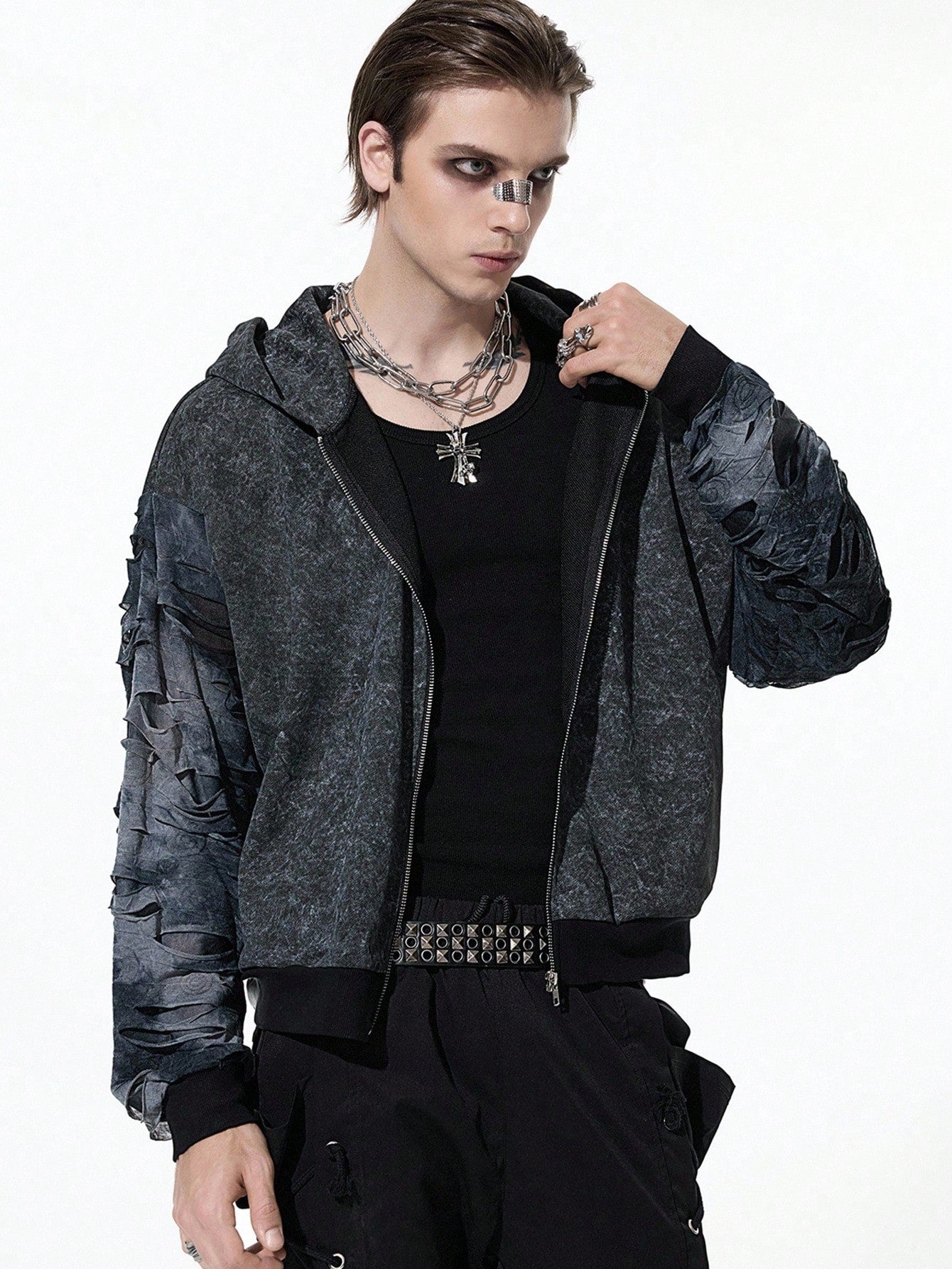 Men's Grunge Punk Color Block Zip-Up Streetwear Hoodie