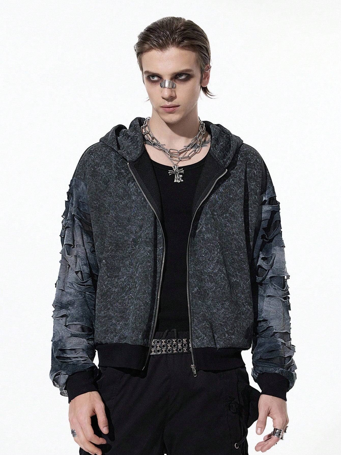 Men's Grunge Punk Color Block Zip-Up Streetwear Hoodie