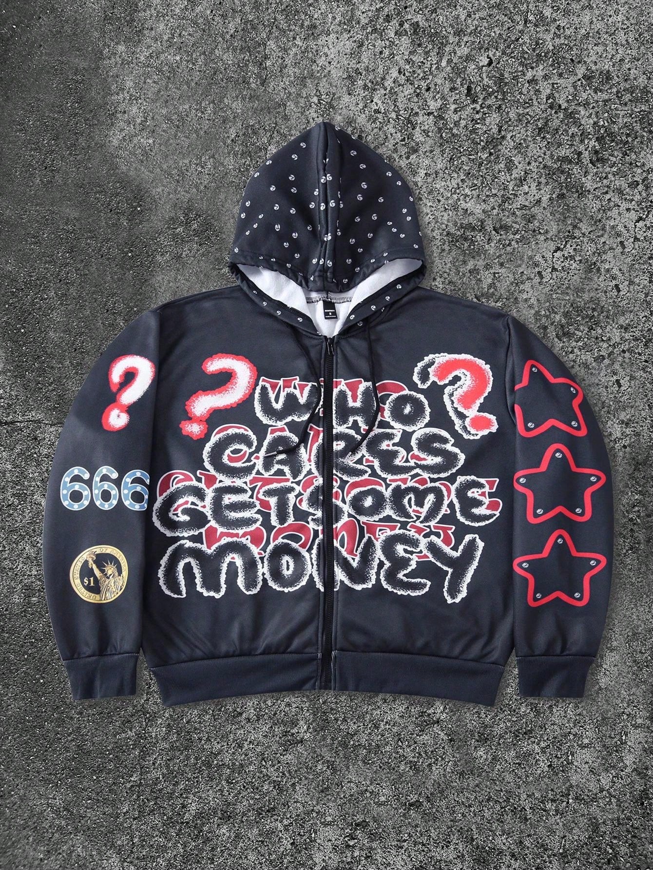 Men's Pentagram Letter Print Zip-Up Y2K Hoodie