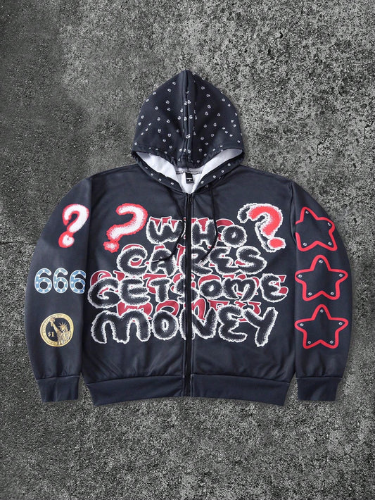 Men's Pentagram Letter Print Zip-Up Y2K Hoodie