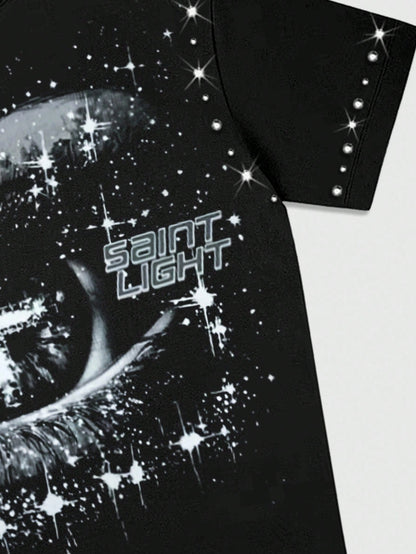 Men Eye Print Rhinestone Short Sleeve Tee