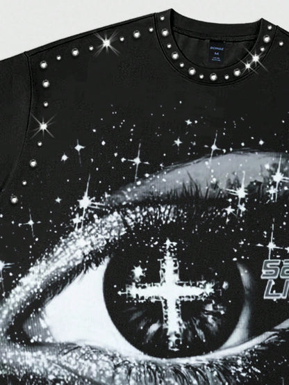 Men Eye Print Rhinestone Short Sleeve Tee