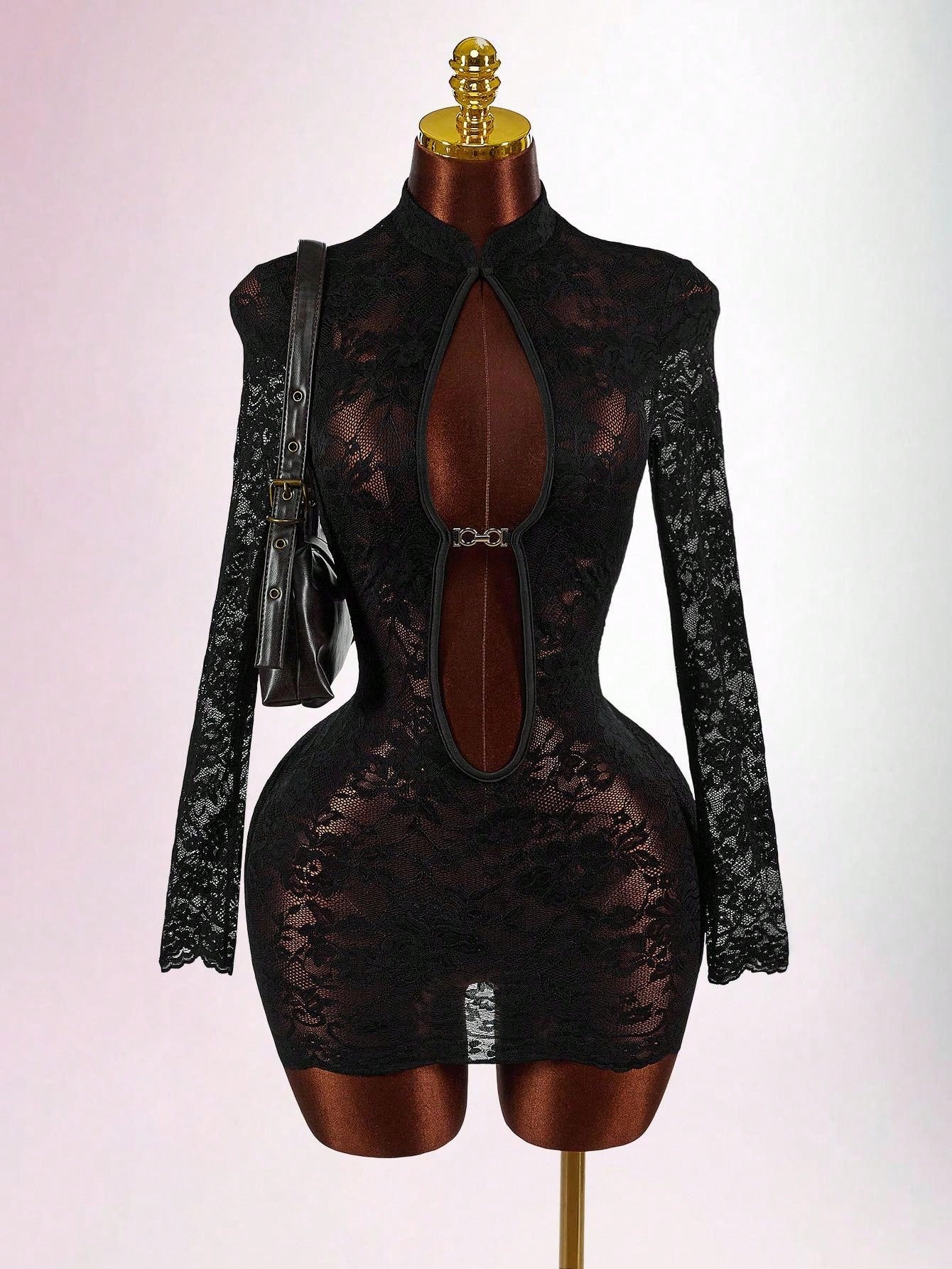 Sexy Hollow Out Lace Trim Bodycon Mini Party Dress