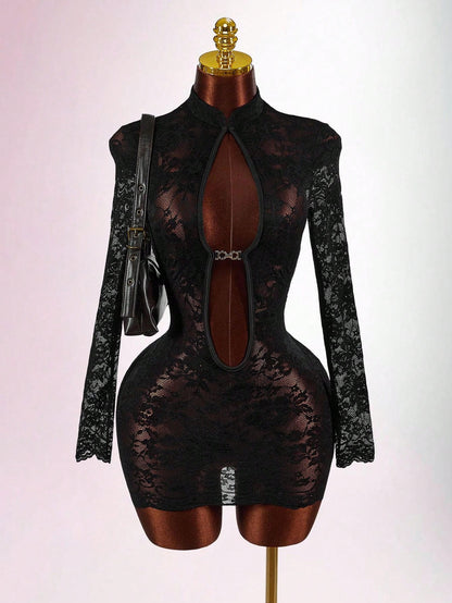 Sexy Hollow Out Lace Trim Bodycon Mini Party Dress