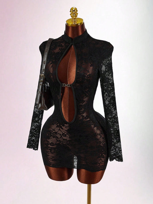 Sexy Hollow Out Lace Trim Bodycon Mini Party Dress