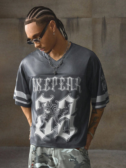 Grey Animal Letter & Tropical Print Sweetheart Neck Mesh Jersey