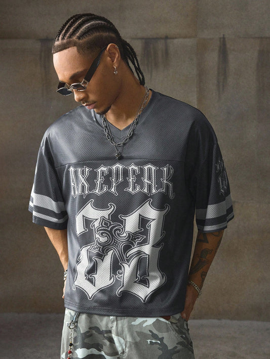 Grey Animal Letter & Tropical Print Sweetheart Neck Mesh Jersey