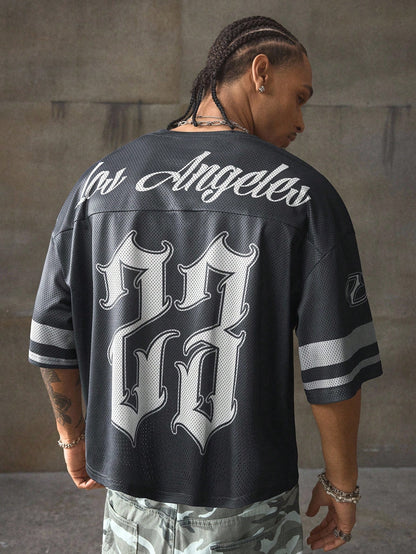 Grey Animal Letter & Tropical Print Sweetheart Neck Mesh Jersey