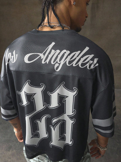 Grey Animal Letter & Tropical Print Sweetheart Neck Mesh Jersey