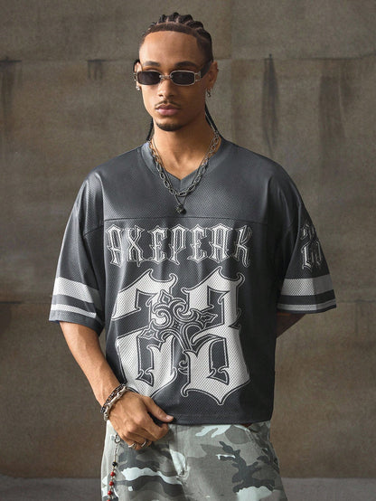 Grey Animal Letter & Tropical Print Sweetheart Neck Mesh Jersey