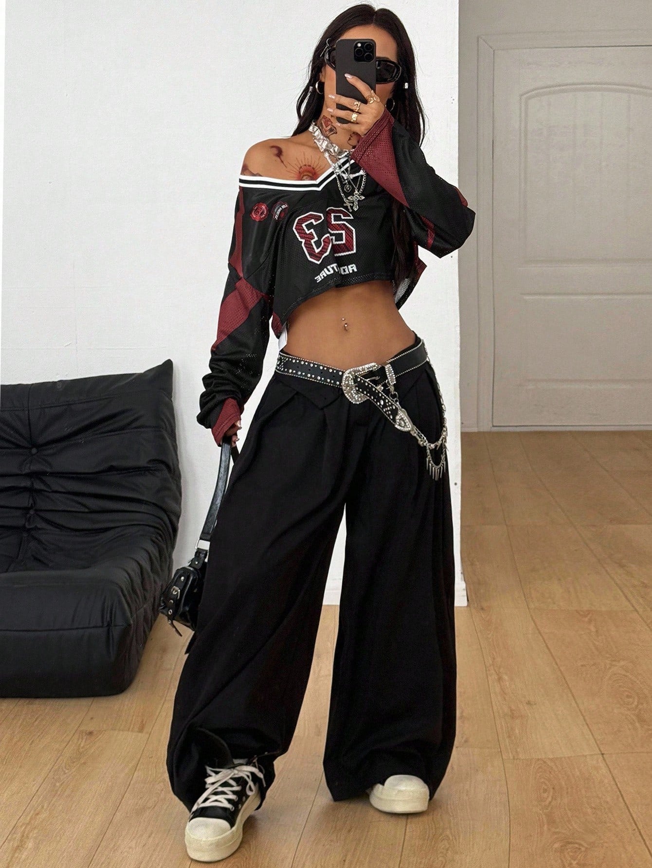 Women's Red & Black Loose Fit Satin Crop Top Jersey