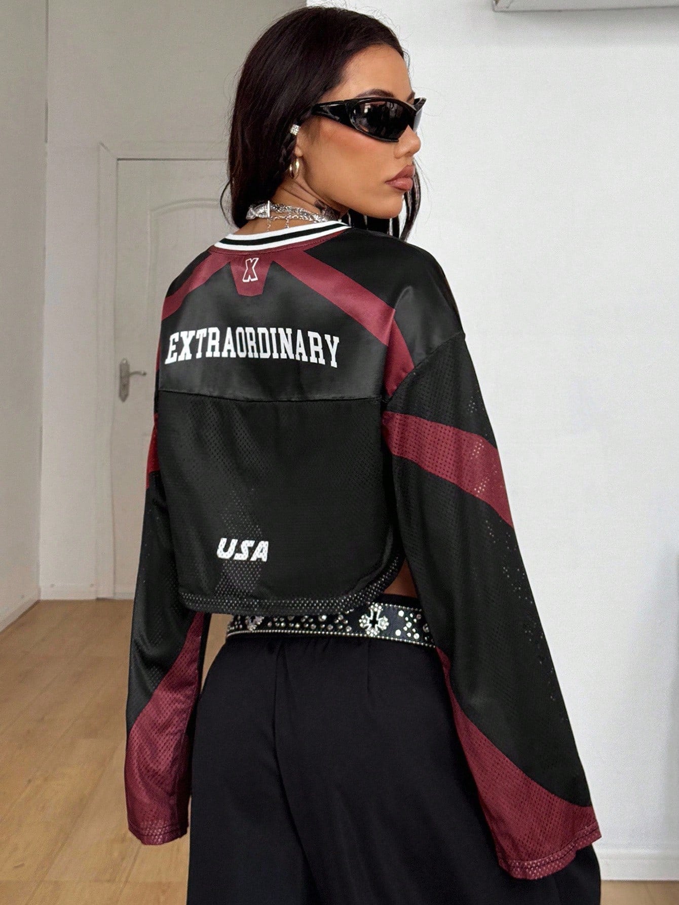 Women's Red & Black Loose Fit Satin Crop Top Jersey