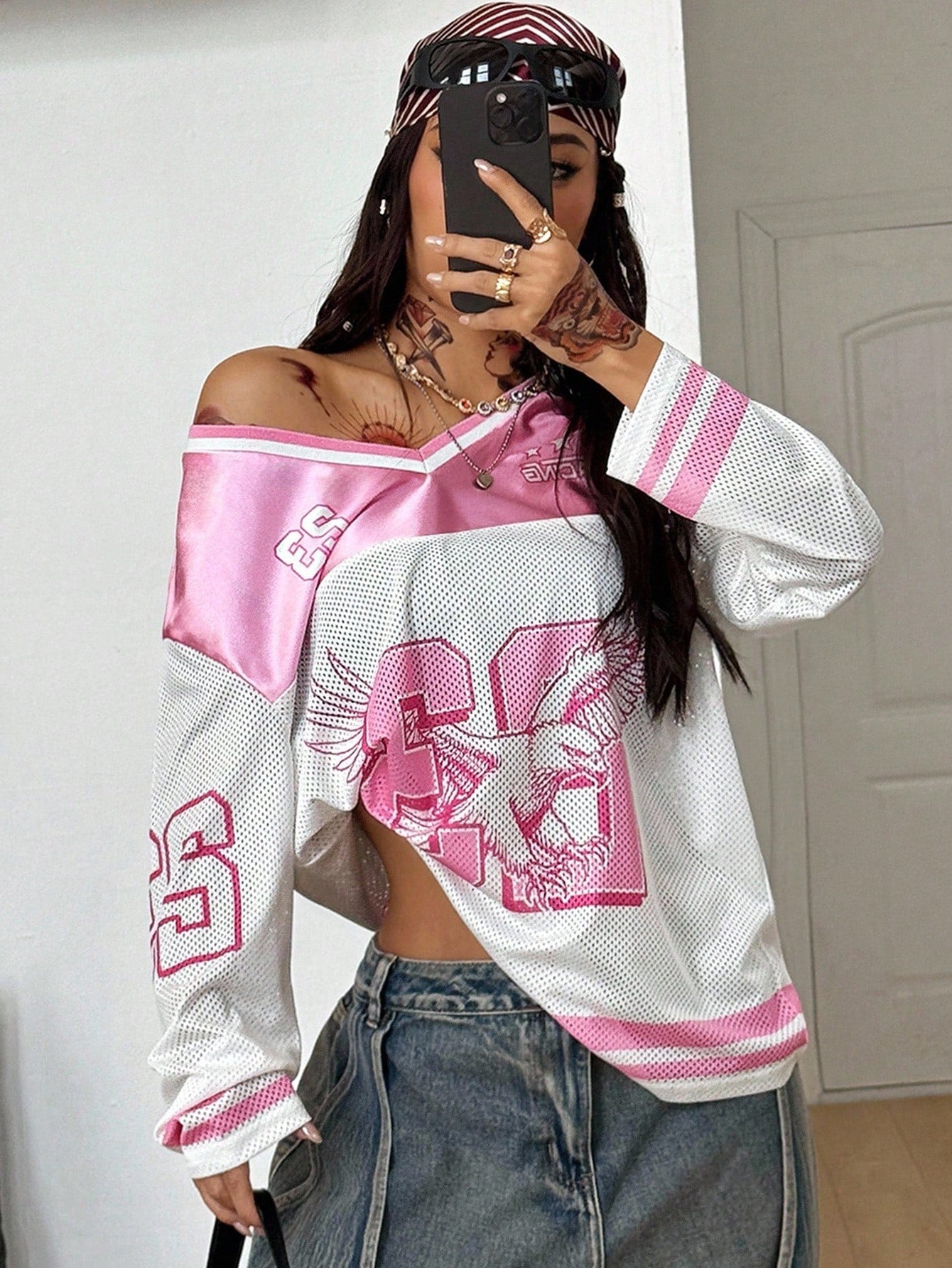 Women's Oversized Pink Colorblock Long Sleeve V-Neck Jersey