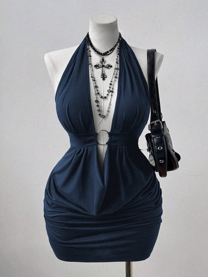 Navy Blue Halter Neck Bodycon Midi Dress