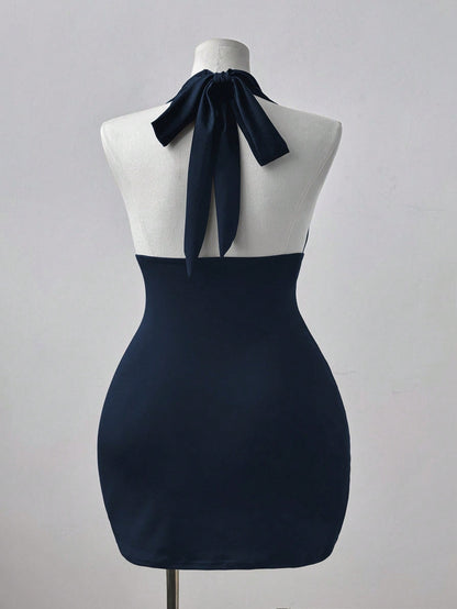 Navy Blue Halter Neck Bodycon Midi Dress