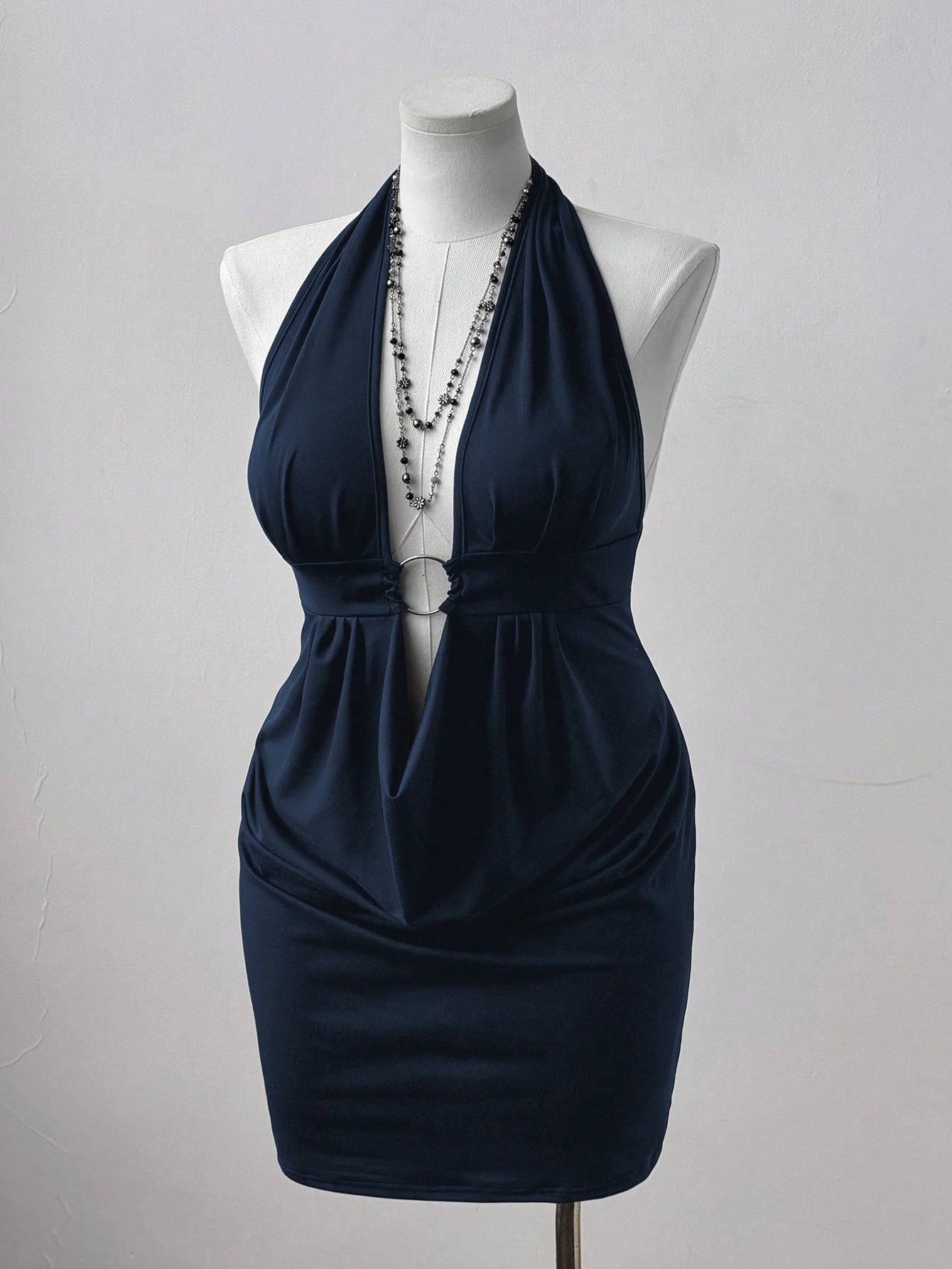 Navy Blue Halter Neck Bodycon Midi Dress