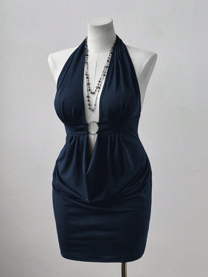 Navy Blue Halter Neck Bodycon Midi Dress