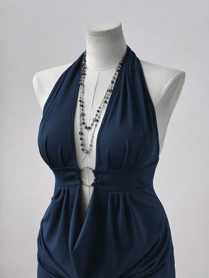 Navy Blue Halter Neck Bodycon Midi Dress