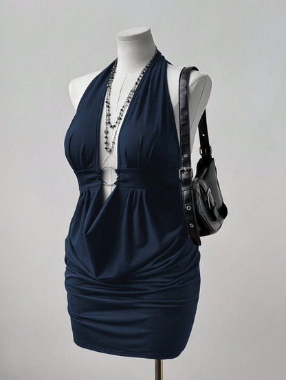 Navy Blue Halter Neck Bodycon Midi Dress
