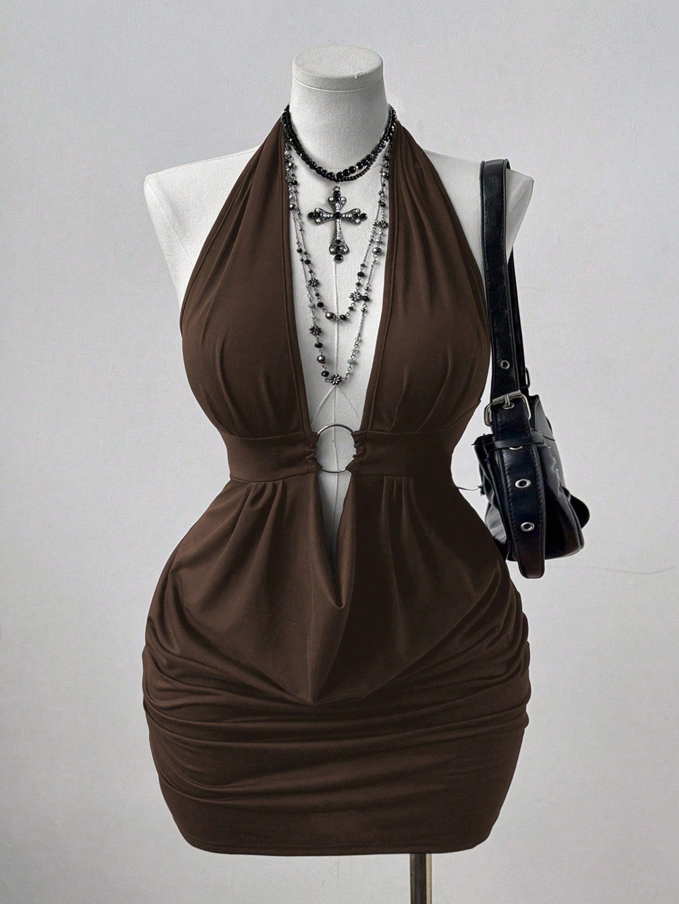 Brown Halter Neck Bodycon Midi Dres