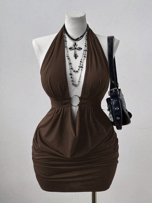 Brown Halter Neck Bodycon Midi Dres