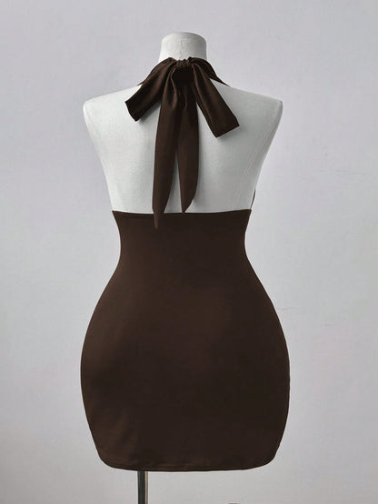 Brown Halter Neck Bodycon Midi Dres