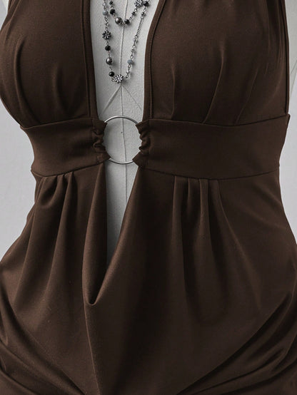 Brown Halter Neck Bodycon Midi Dres