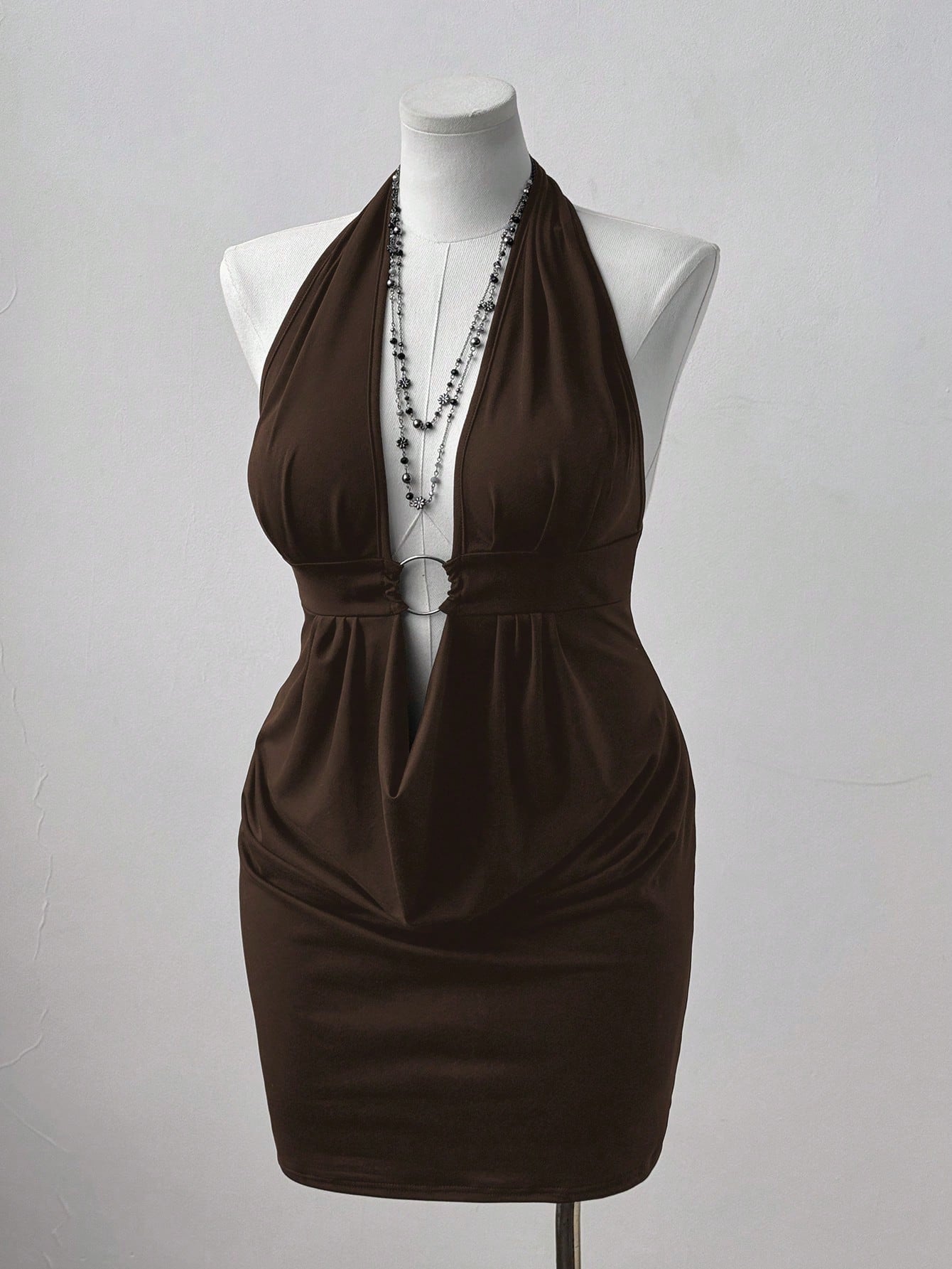 Brown Halter Neck Bodycon Midi Dres