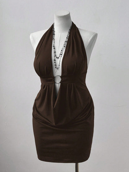 Brown Halter Neck Bodycon Midi Dres