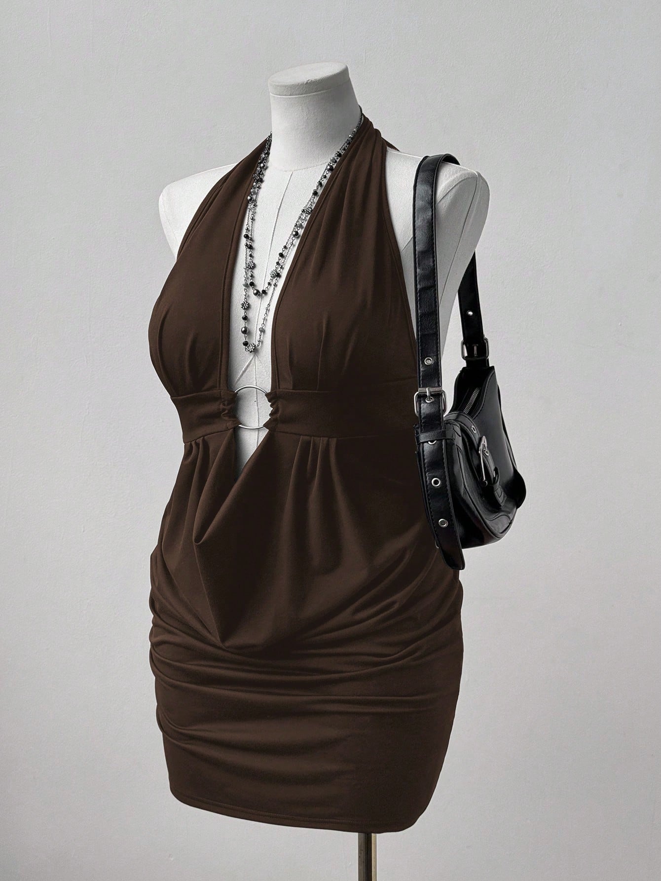 Brown Halter Neck Bodycon Midi Dres
