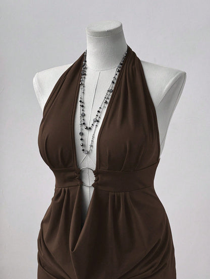 Brown Halter Neck Bodycon Midi Dres