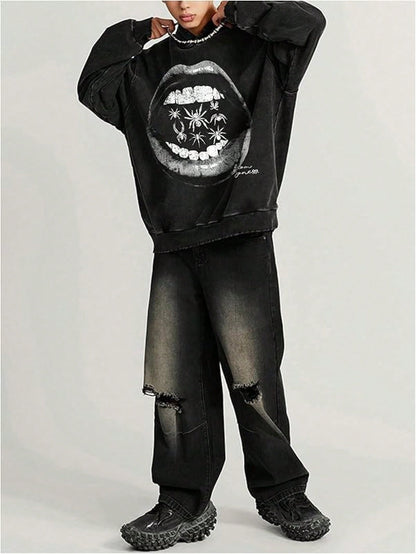 Lips Pattern Oversized Vintage Y2K Graphic Hoodie